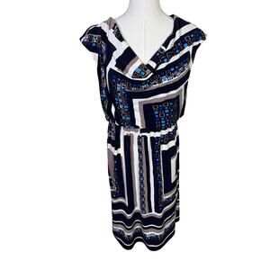 Evan Picone Cowl Neck Blue Geometric Drapey Mini Dress US Womens 8